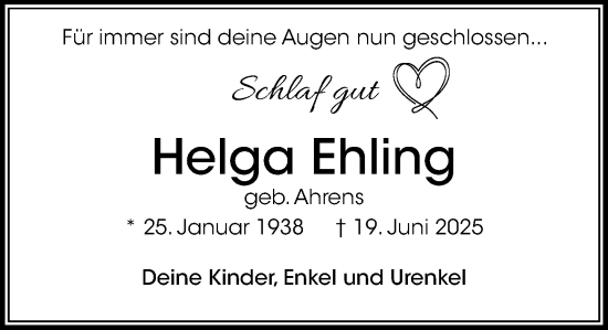 Traueranzeige von Helga Ehling von Wochenend Anzeiger