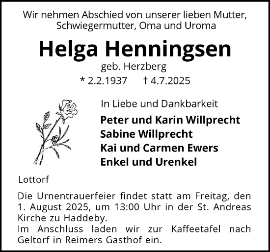 Traueranzeige von Helga Henningsen von Schleswiger Nachrichten, Schlei-Bote