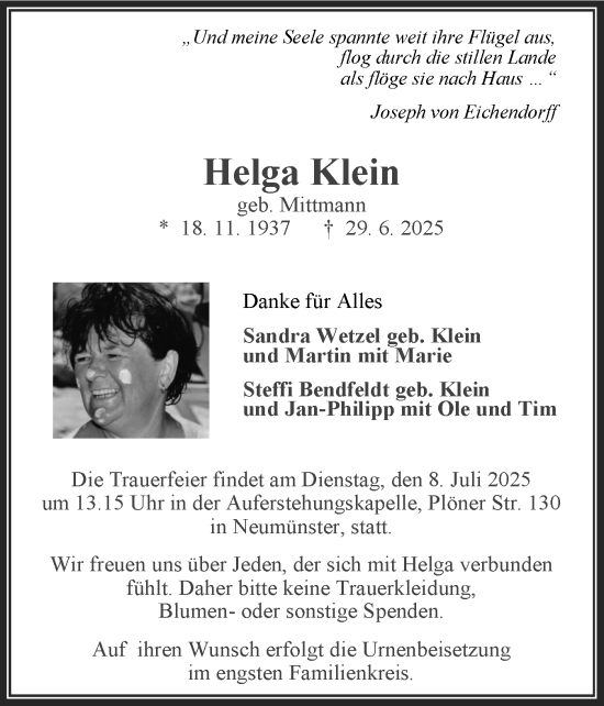 Traueranzeige von Helga Klein von Holsteinischer Courier