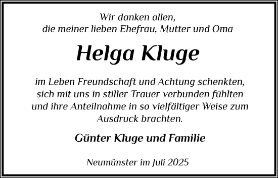 Traueranzeige von Helga Kluge von Holsteinischer Courier