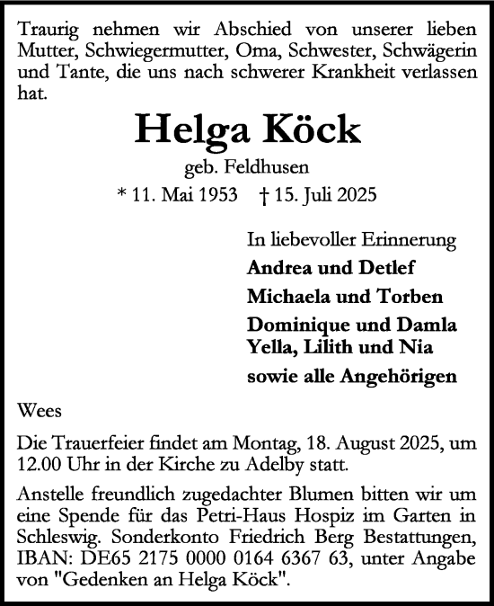 Traueranzeige von Helga Köck von Flensburger Tageblatt