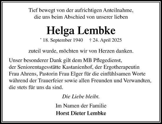Traueranzeige von Helga Lembke von Umschau