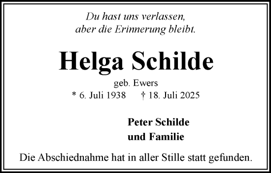 Traueranzeige von Helga Schilde von Flensburger Tageblatt