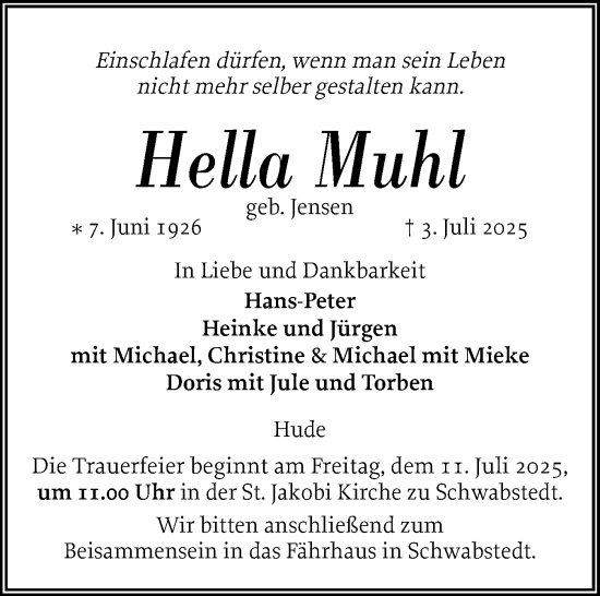 Traueranzeige von Hella Muhl von Husumer Nachrichten, Nordfriesland Tageblatt