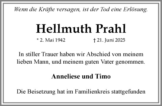 Traueranzeige von Hellmuth Prahl von MARKT Ratzeburg/Mölln