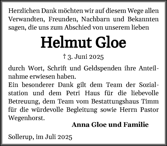 Traueranzeige von Helmut Gloe von Region Flensburg
