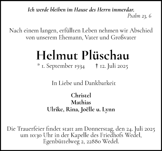 Traueranzeige von Helmut Plüschau von Wedel-Schulauer Tageblatt, tip Wedel-Schulauer Tageblatt, tip Rissener Rundschau