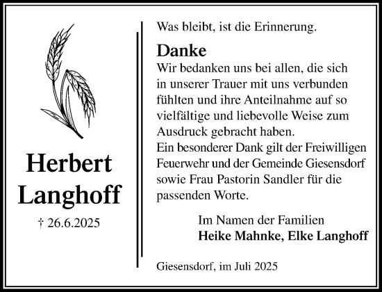 Traueranzeige von Herbert Langhoff von MARKT Ratzeburg/Mölln