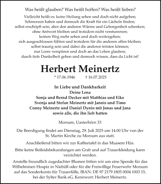 Traueranzeige von Herbert Meinertz von Sylter Rundschau