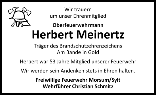 Traueranzeige von Herbert Meinertz von Sylter Rundschau