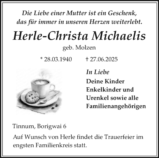 Traueranzeige von Herle-Christa Michaelis von Sylter Rundschau