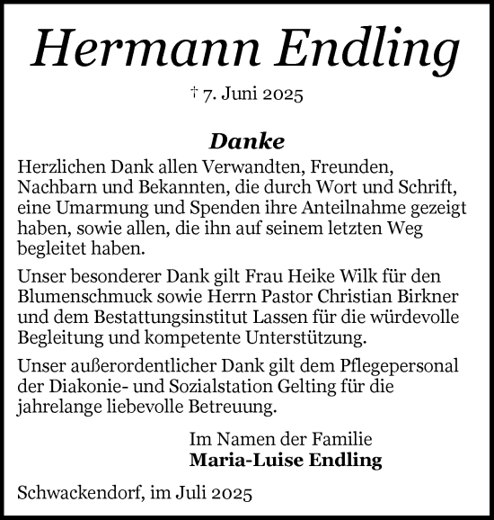 Traueranzeige von Hermann Endling von Flensburger Tageblatt, Schleswiger Nachrichten, Schlei-Bote