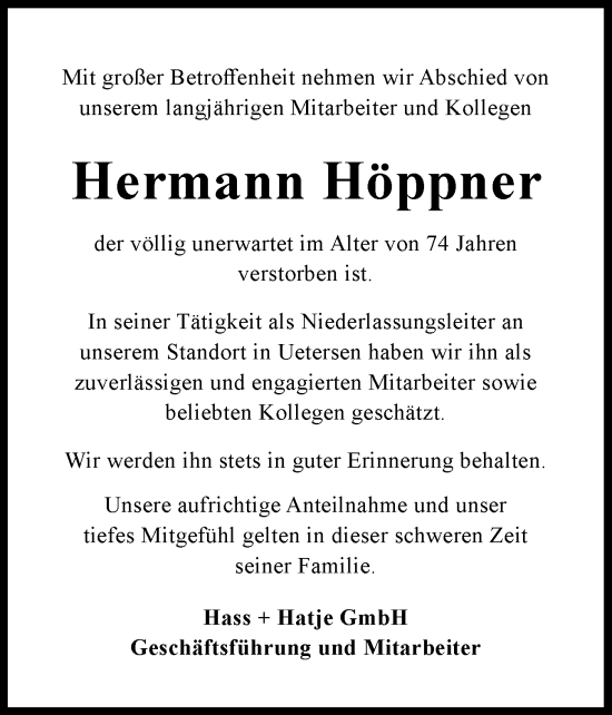 Traueranzeige von Hermann Höppner von Elmshorner Nachrichten, Barmstedter Zeitung