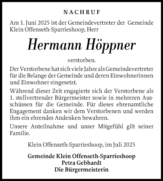 Traueranzeige von Hermann Höppner von Elmshorner Nachrichten, Barmstedter Zeitung