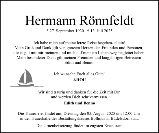 Traueranzeige von Hermann Rönnfeldt von Schleswig-Holsteinische Landeszeitung
