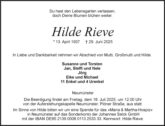 Traueranzeige von Hilde Rieve von Holsteinischer Courier