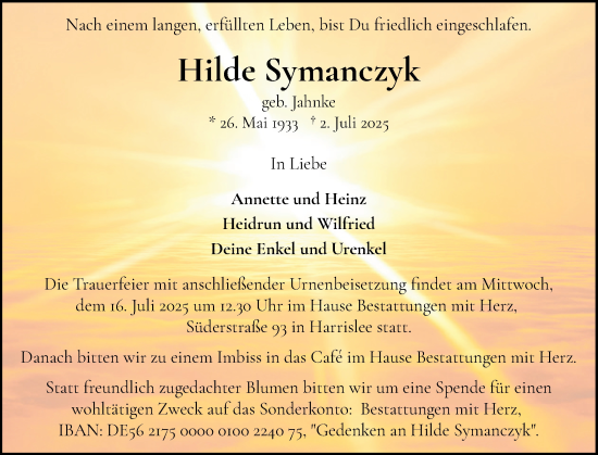 Traueranzeige von Hilde Symanczyk von Flensburger Tageblatt