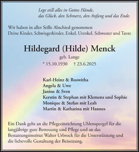 Traueranzeige von Hildegard Menck von MARKT Ratzeburg/Mölln