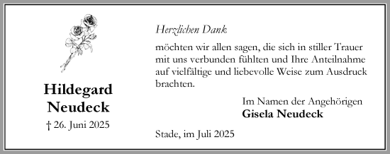 Traueranzeige von Hildegard Neudeck von Umschau