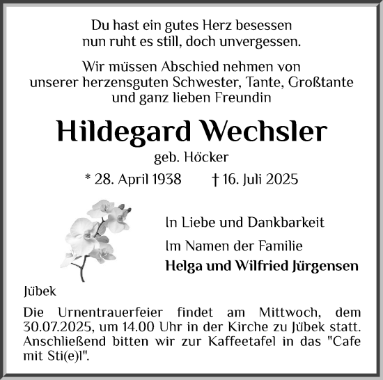 Traueranzeige von Hildegard Wechsler von Schleswiger Nachrichten, Schlei-Bote