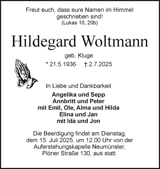 Traueranzeige von Hildegard Woltmann von Holsteinischer Courier