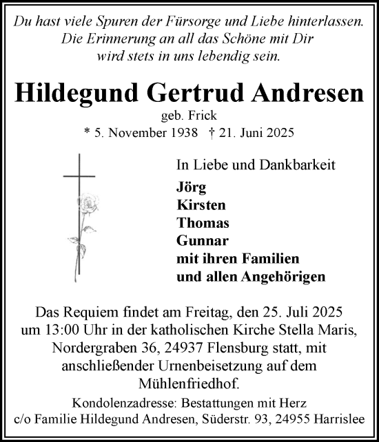 Traueranzeige von Hildegund Gertrud Andresen von Flensburger Tageblatt