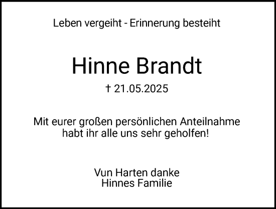 Traueranzeige von Hinne Brandt von Norddeutsche Rundschau, Wilstersche Zeitung, Glückstädter Fortuna
