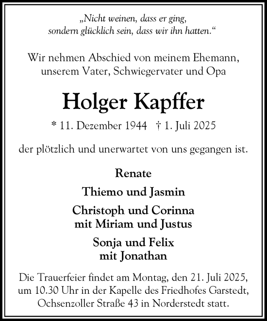 Traueranzeige von Holger Kapffer von Heimatspiegel