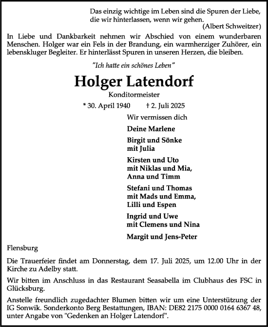 Traueranzeige von Holger Latendorf von Flensburger Tageblatt