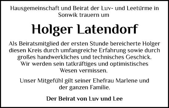 Traueranzeige von Holger Latendorf von Flensburger Tageblatt