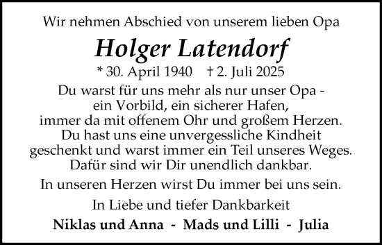 Traueranzeige von Holger Latendorf von Flensburger Tageblatt