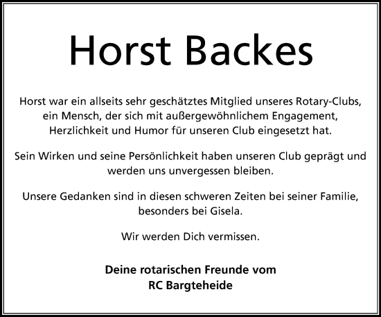 Traueranzeige von Horst Backes von MARKT Ahrensburg/Bargteheide/Trittau und Stormarner Tageblatt