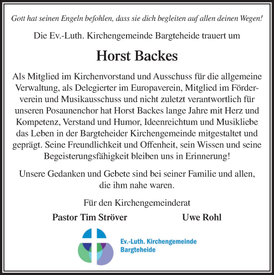 Traueranzeige von Horst Backes von MARKT Ahrensburg/Bargteheide/Trittau und Stormarner Tageblatt