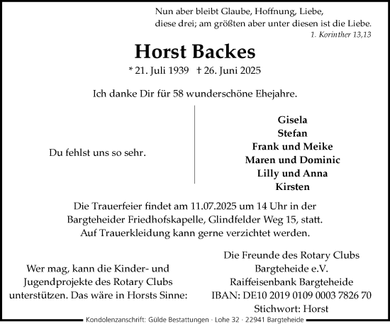 Traueranzeige von Horst Backes von MARKT Ahrensburg/Bargteheide/Trittau und Stormarner Tageblatt