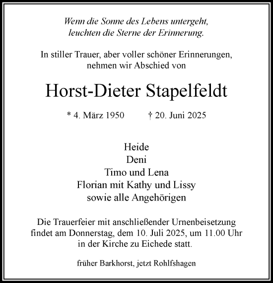 Traueranzeige von Horst-Dieter Stapelfeldt von MARKT Bad Oldesloe/Reinfeld, MARKT Ahrensburg/Bargteheide/Trittau und Stormarner Tageblatt