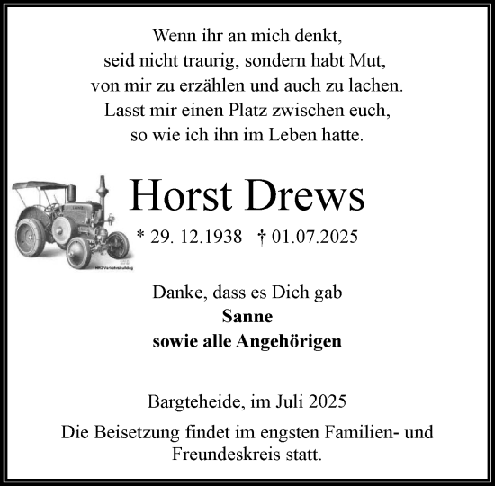 Traueranzeige von Horst Drews von MARKT Ahrensburg/Bargteheide/Trittau und Stormarner Tageblatt