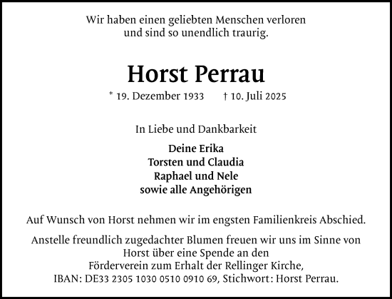 Traueranzeige von Horst Perrau von Region Pinneberg und tip Pinneberg