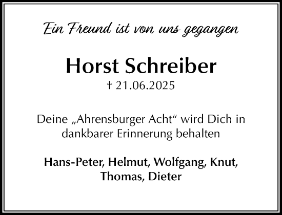Traueranzeige von Horst Schreiber von MARKT Ahrensburg/Bargteheide/Trittau und Stormarner Tageblatt