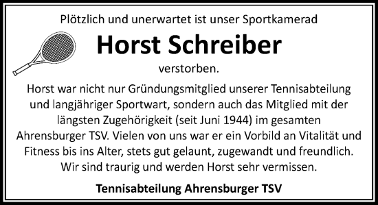 Traueranzeige von Horst Schreiber von MARKT Ahrensburg/Bargteheide/Trittau und Stormarner Tageblatt