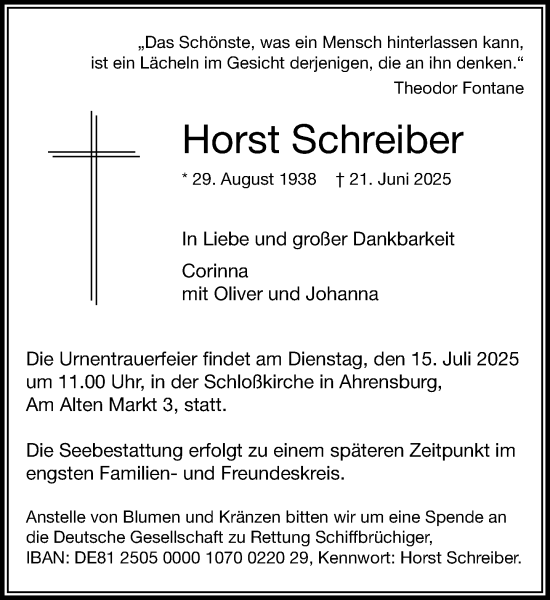 Traueranzeige von Horst Schreiber von MARKT Ahrensburg/Bargteheide/Trittau und Stormarner Tageblatt