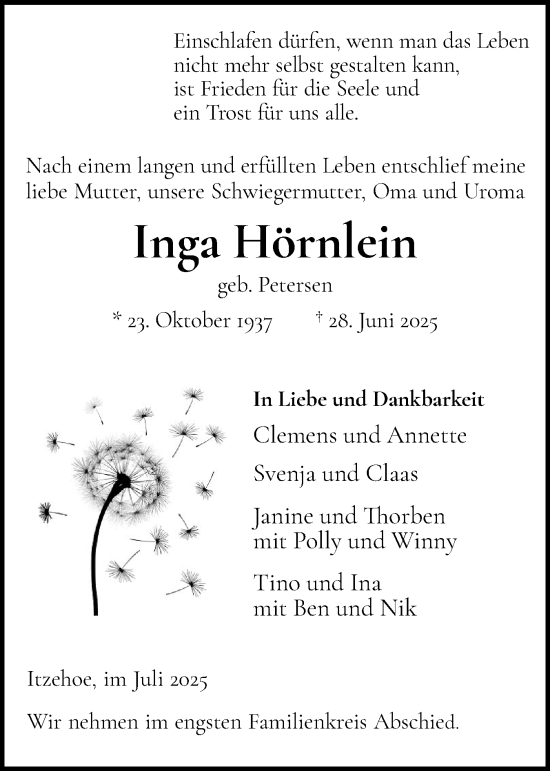 Traueranzeige von Inga Hörnlein von Norddeutsche Rundschau, Wilstersche Zeitung, Glückstädter Fortuna