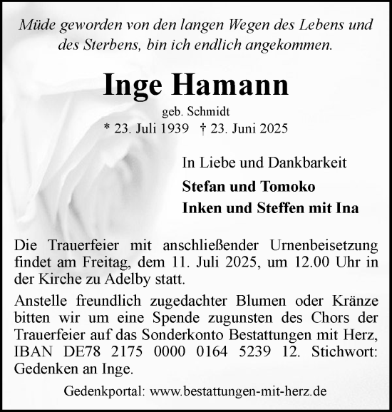 Traueranzeige von Inge Hamann von Flensburger Tageblatt