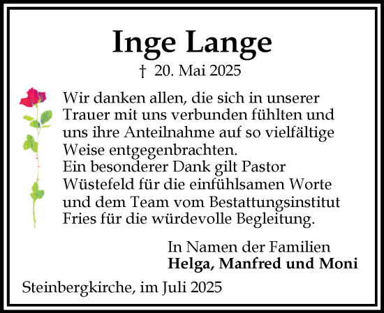 Traueranzeige von Inge Lange von Flensburger Tageblatt