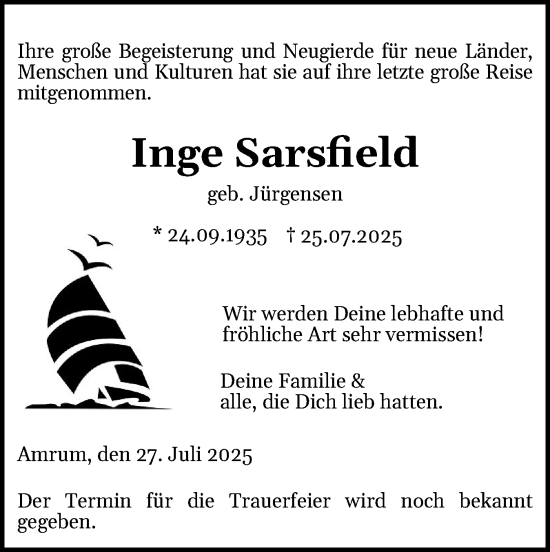 Traueranzeige von Inge Sarsfield von Der Insel-Bote
