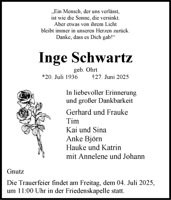 Traueranzeige von Inge Schwartz von Schleswig-Holsteinische Landeszeitung