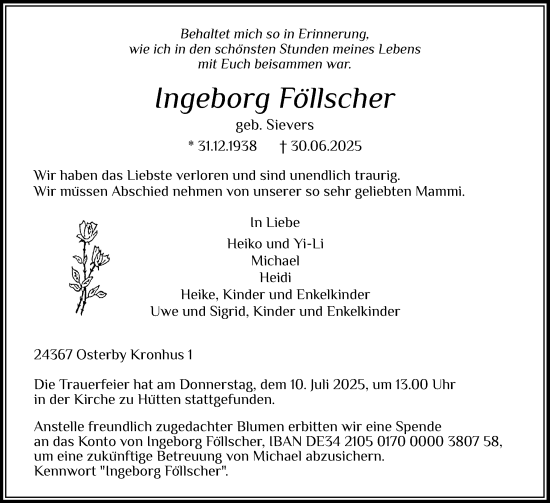 Traueranzeige von Ingeborg Föllscher von Hallo Eckernförde