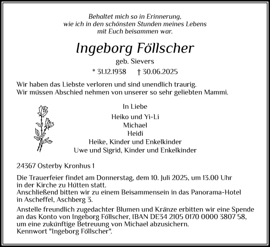 Traueranzeige von Ingeborg Föllscher von Eckernförder Zeitung