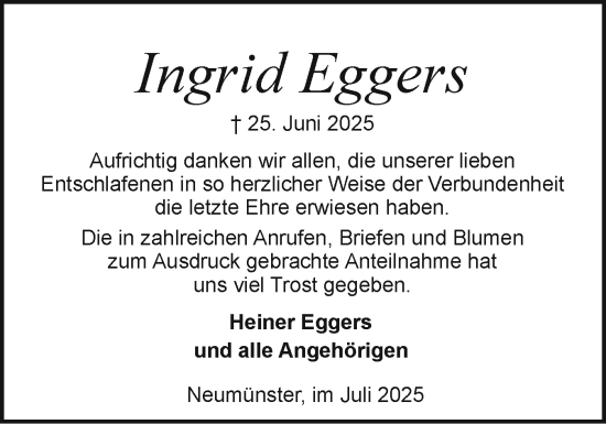 Traueranzeige von Ingrid Eggers von Holsteinischer Courier