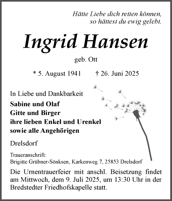 Traueranzeige von Ingrid Hansen von Husumer Nachrichten, Nordfriesland Tageblatt