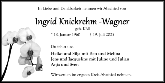 Traueranzeige von Ingrid Knickrehm-Wagner von MARKT Bad Oldesloe/Reinfeld und Stormarner Tageblatt
